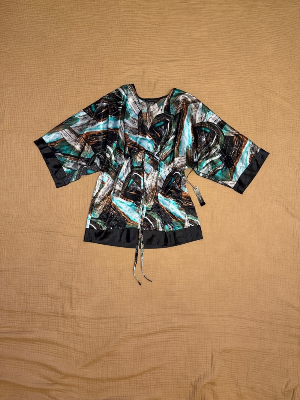 BCBGMAXAZRIA New With Tag Turquoise and Brown Satin V-neck Drawstring Kimono Top